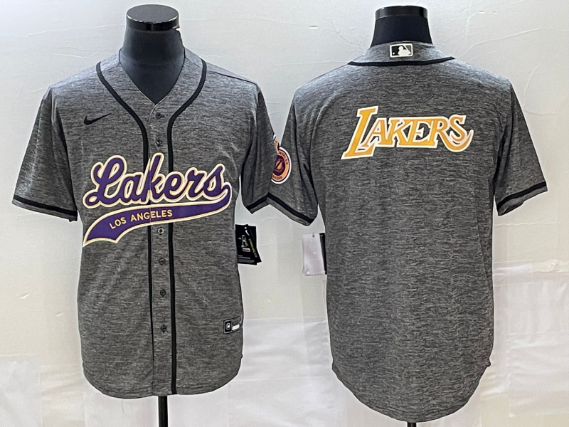 Men's Los Angeles Lakers Gray Team Big Logo Cool Base With Patch Stitched Baseball Jersey